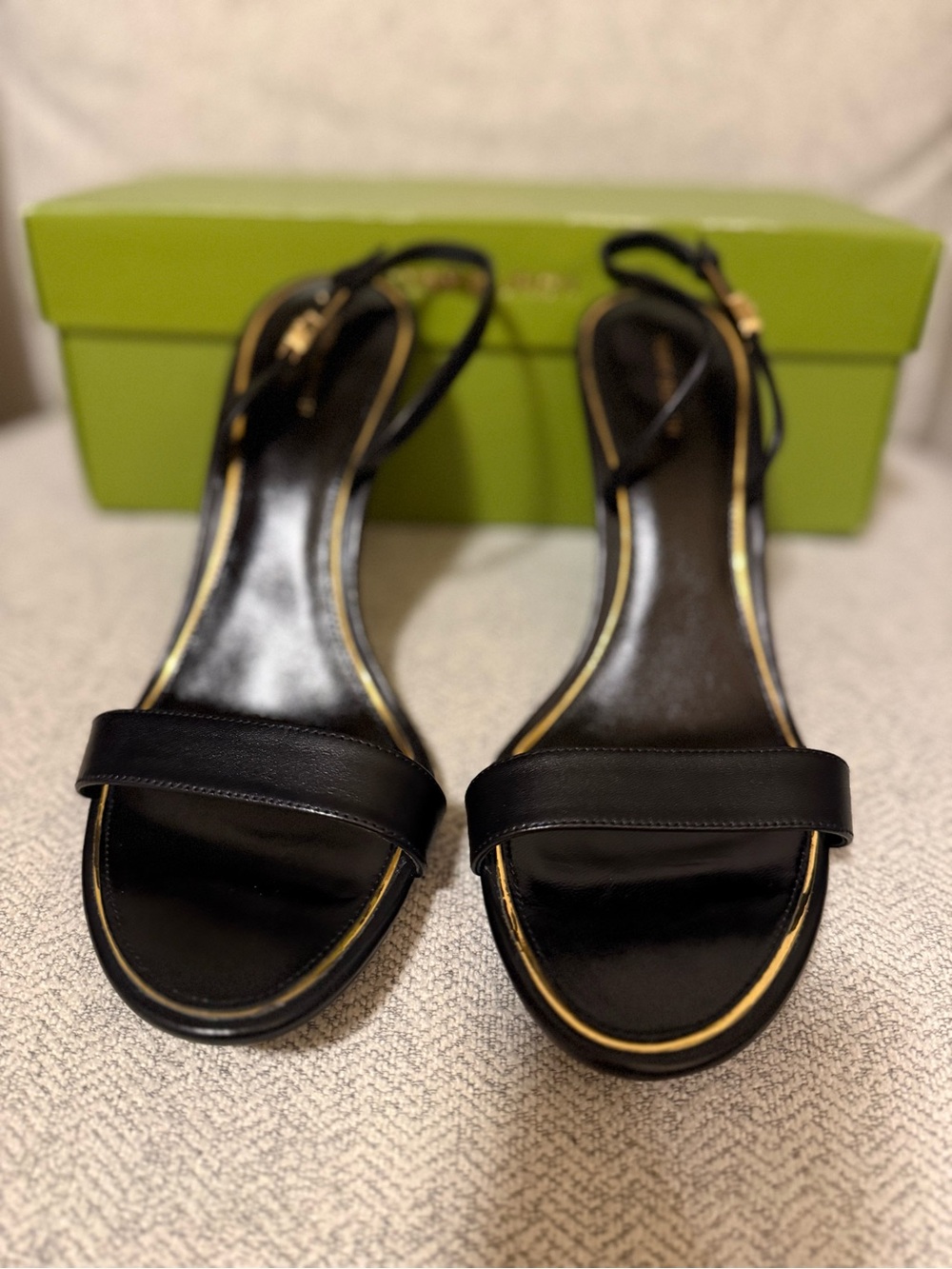 Tory Burch Black Open-Toe Ankle-Strap Heels with Gold Accent